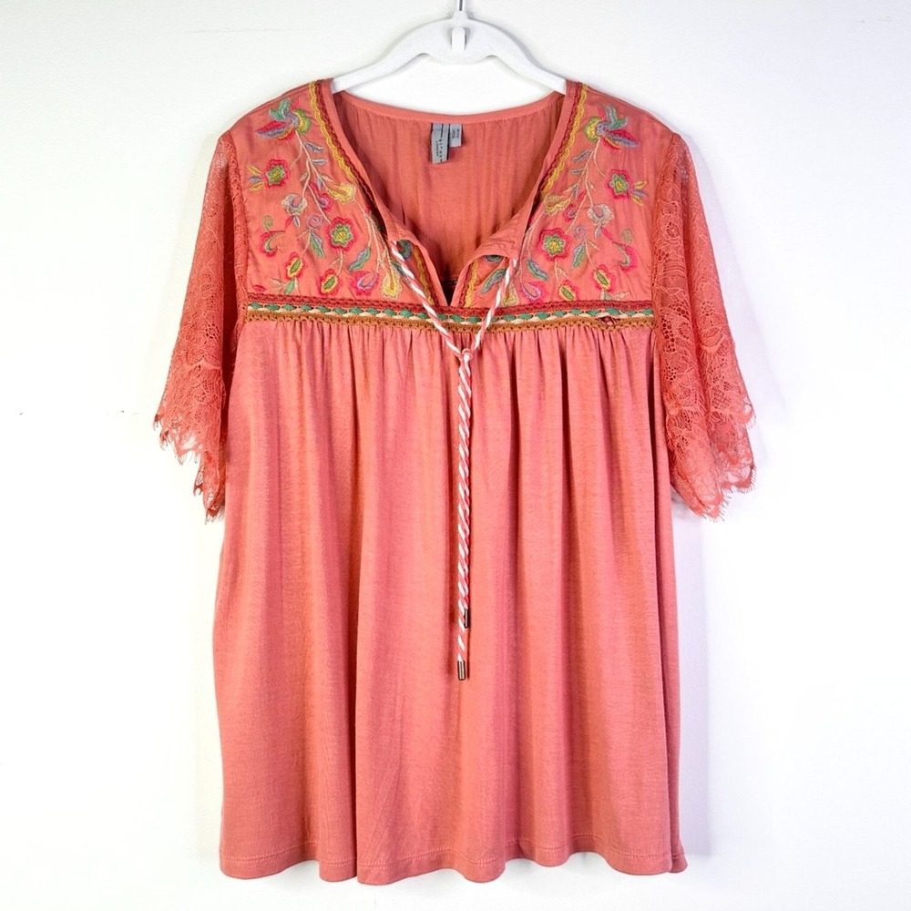 Blank London Anthropologie Top Women LP Pink‎ Coral Embroidery Cottage Bohemian